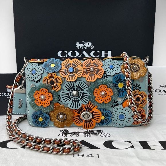 AUTH Coach 1941 Dinky with Glitter Tea Rose Bag, Dust Bag, Gift Box Steel Blue - Picture 1 of 16